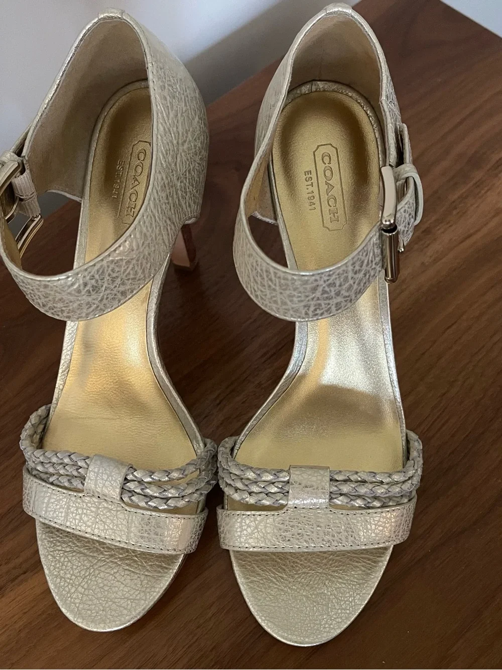 Coach Metallic Gold Braided Strap Ankle Buckle Sandals Heels 9.5